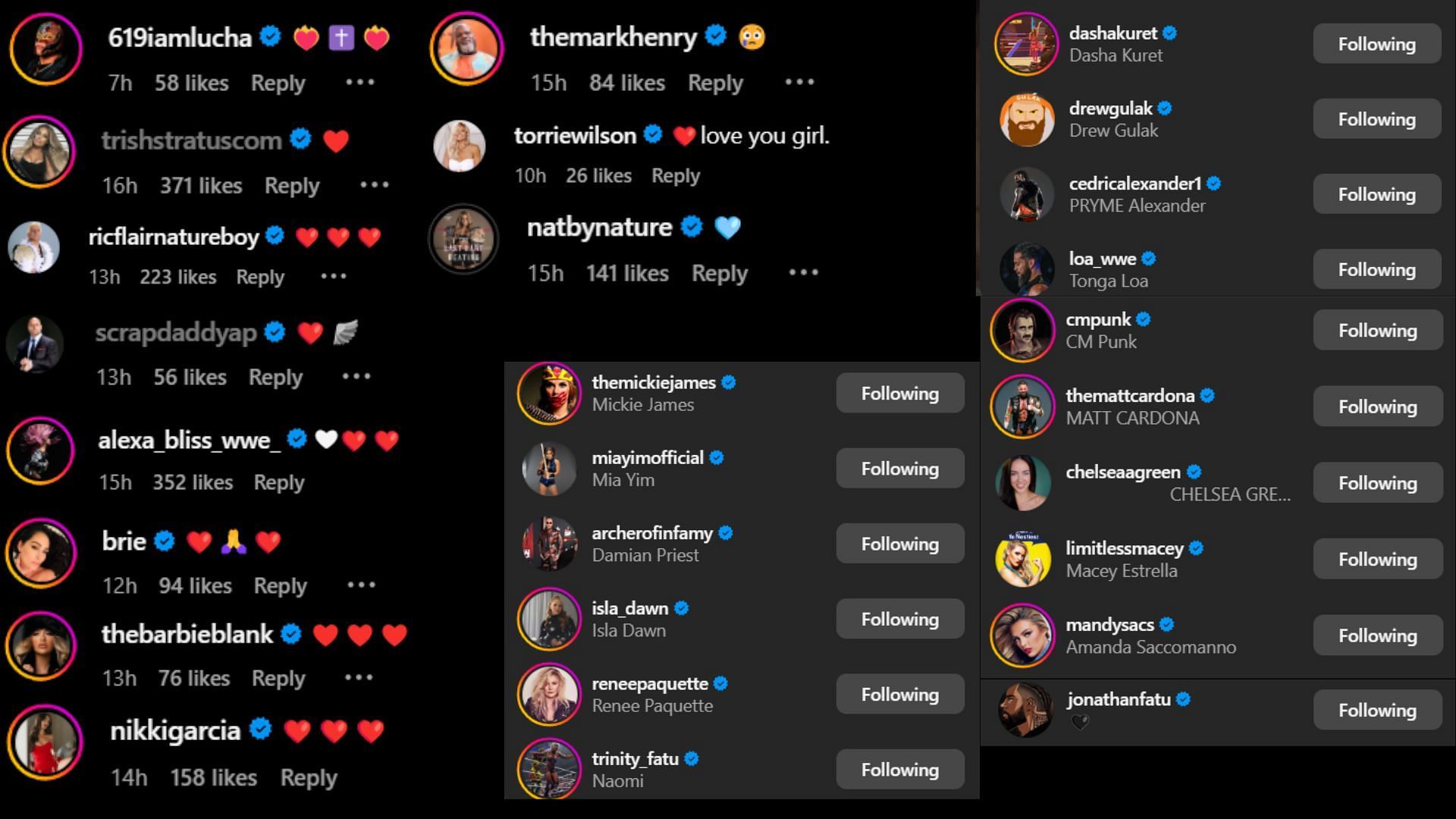 Screenshots of stars&#039; likes and comments [Image credit: Charlotte Flair&#039;s Instagram]