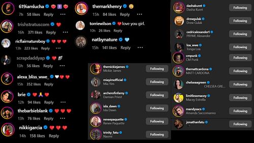 Screenshots of stars' likes and comments [Image credit: Charlotte Flair's Instagram]