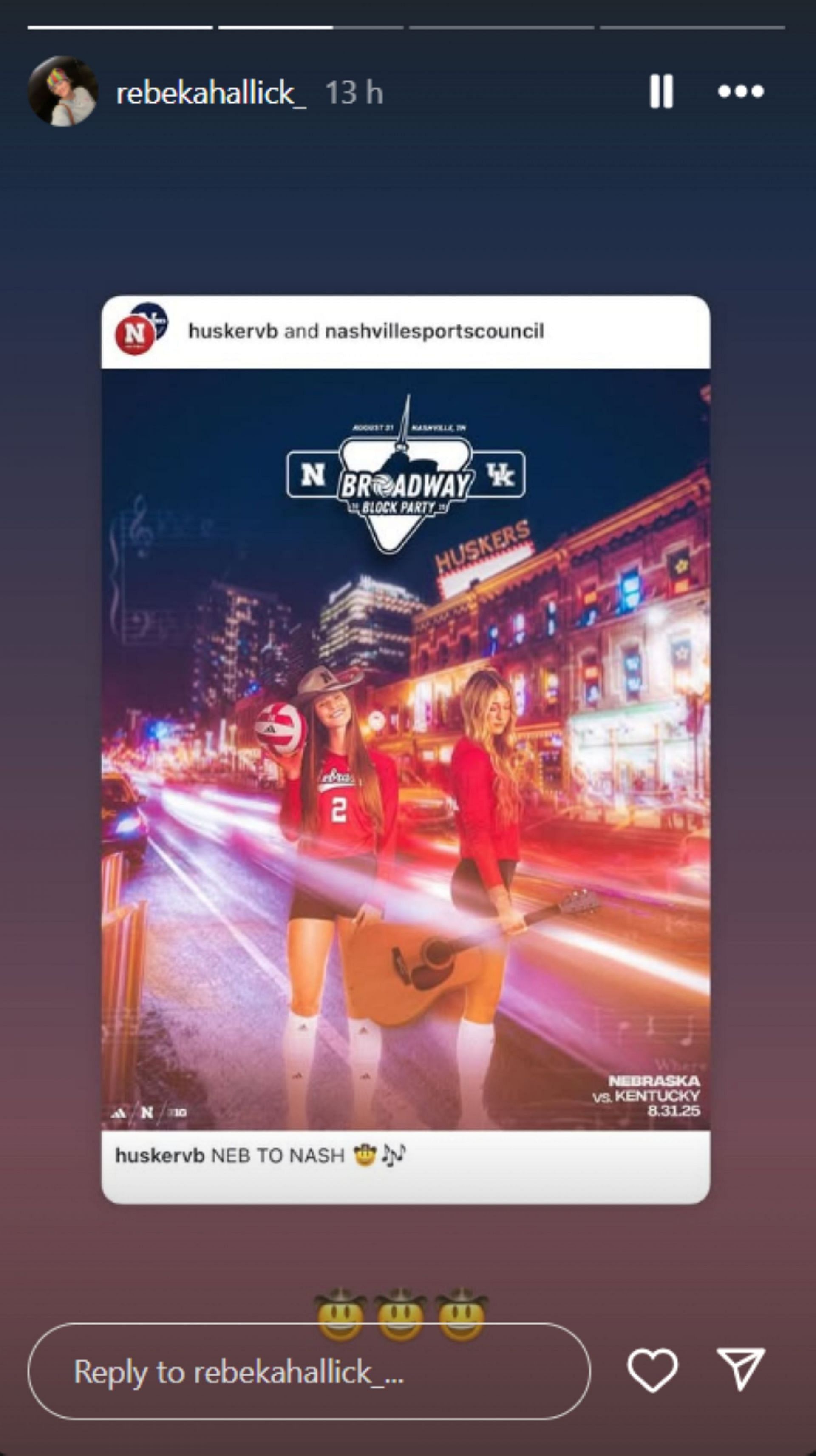 Rebekah Allick reacts to Nebraska&#039;s clash against Kentucky at Broadway Block Party; Instagram - @rebekahallick_