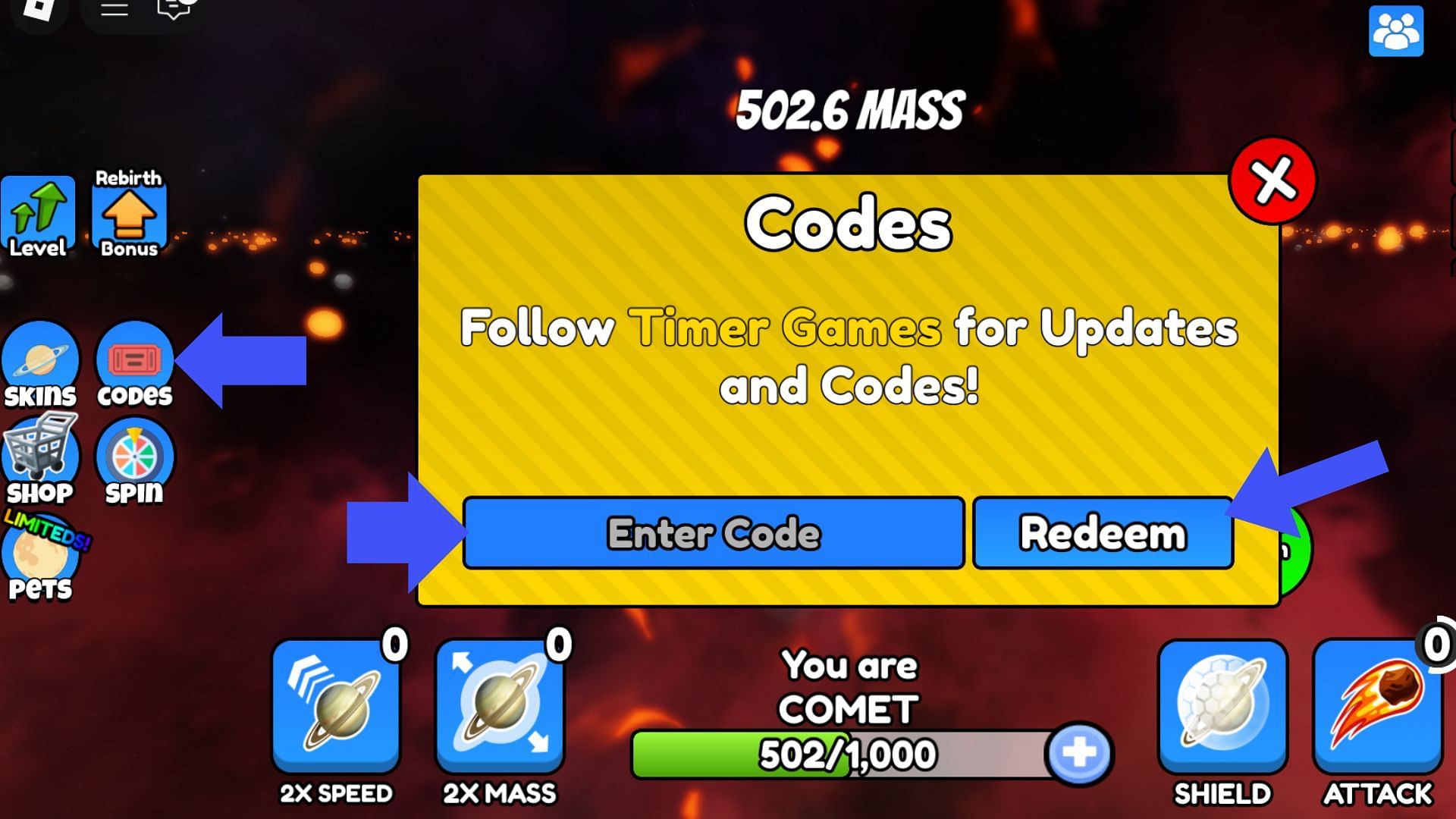 Click the ticket icon on the left to open &quot;Codes&quot; (Image via Roblox)