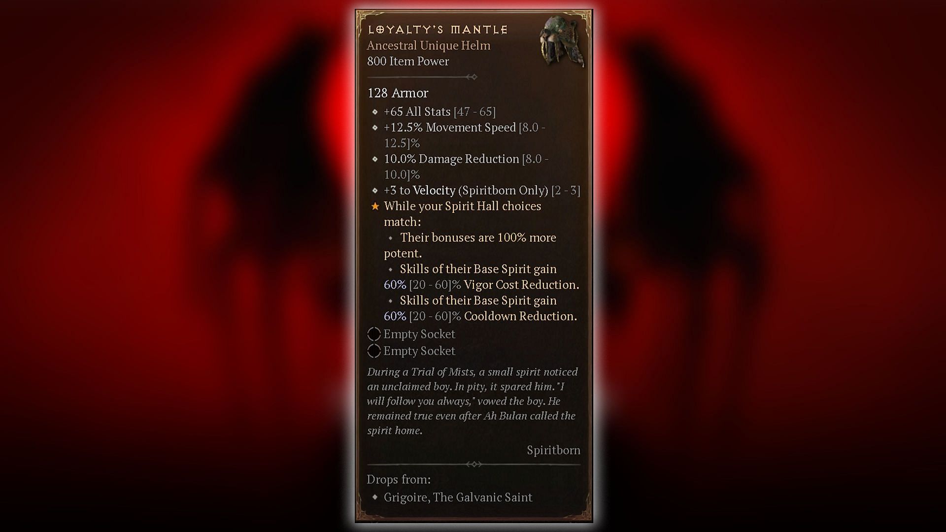 Stats of Loyalty&#039;s Mantle (Image via Blizzard Entertainment)