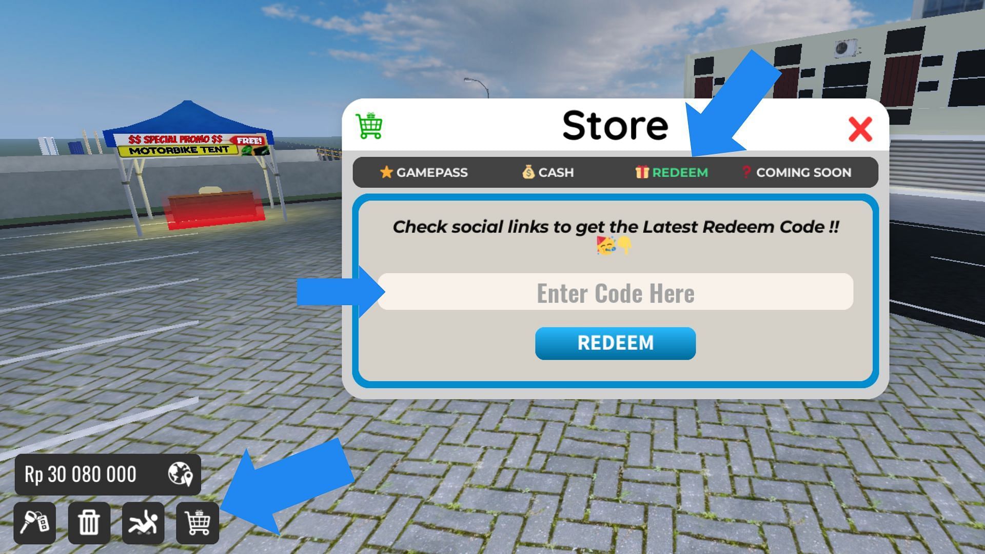 Click the shopping cart icon to open the Store menu (Image via Roblox)