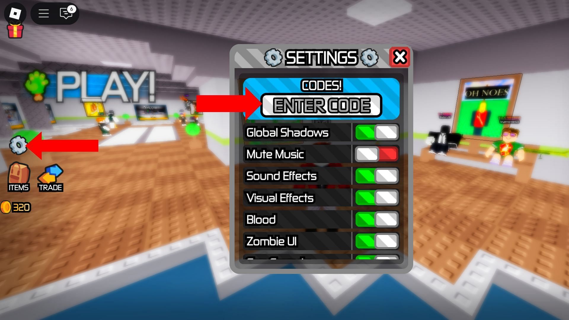 Click the gear icon to open the Settings menu (Image via Roblox)