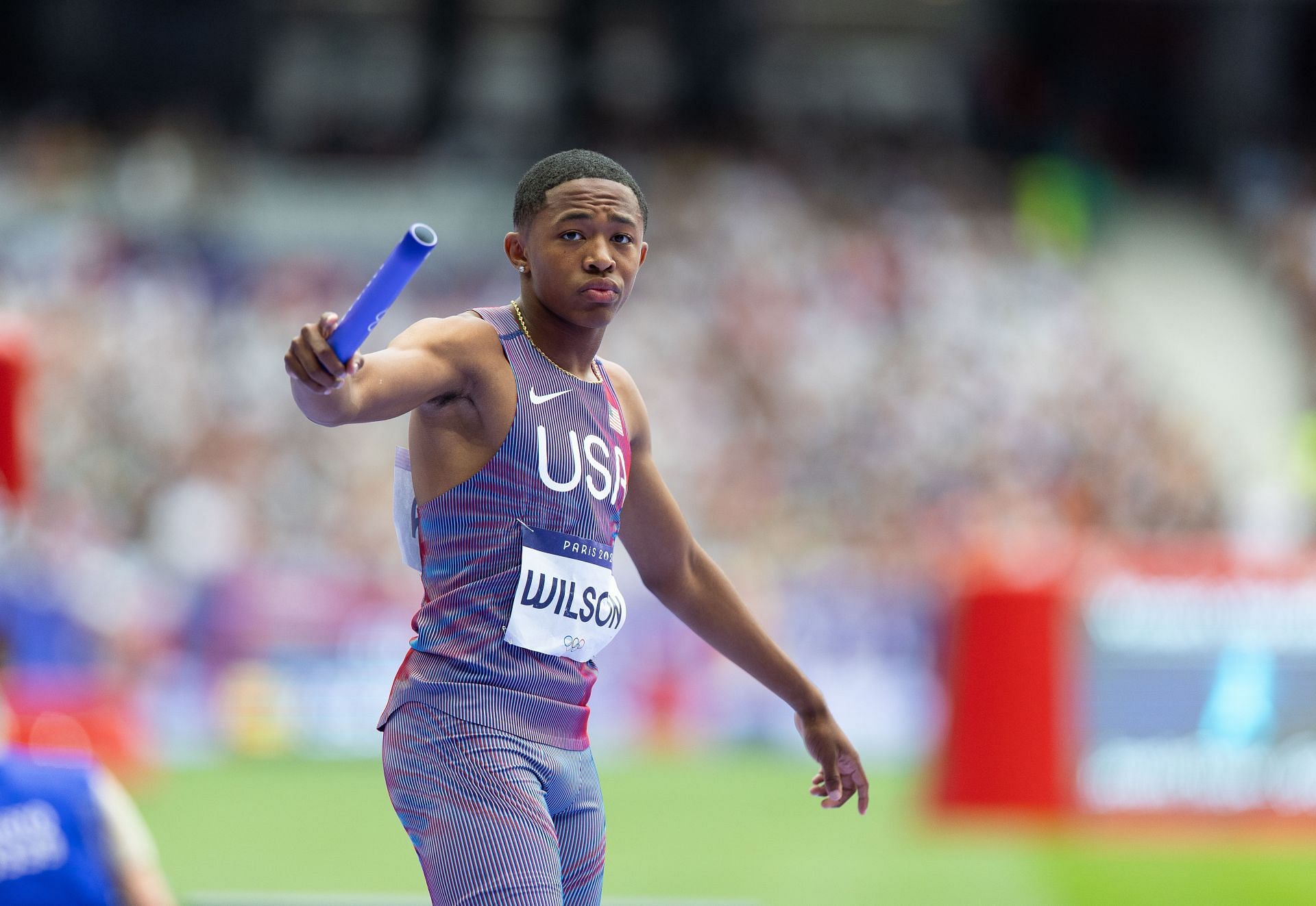 Quincy Wilson competes in the men&#039;s 4x400m relat at the Olympic Games Paris 2024: Day 14 - Source: Getty