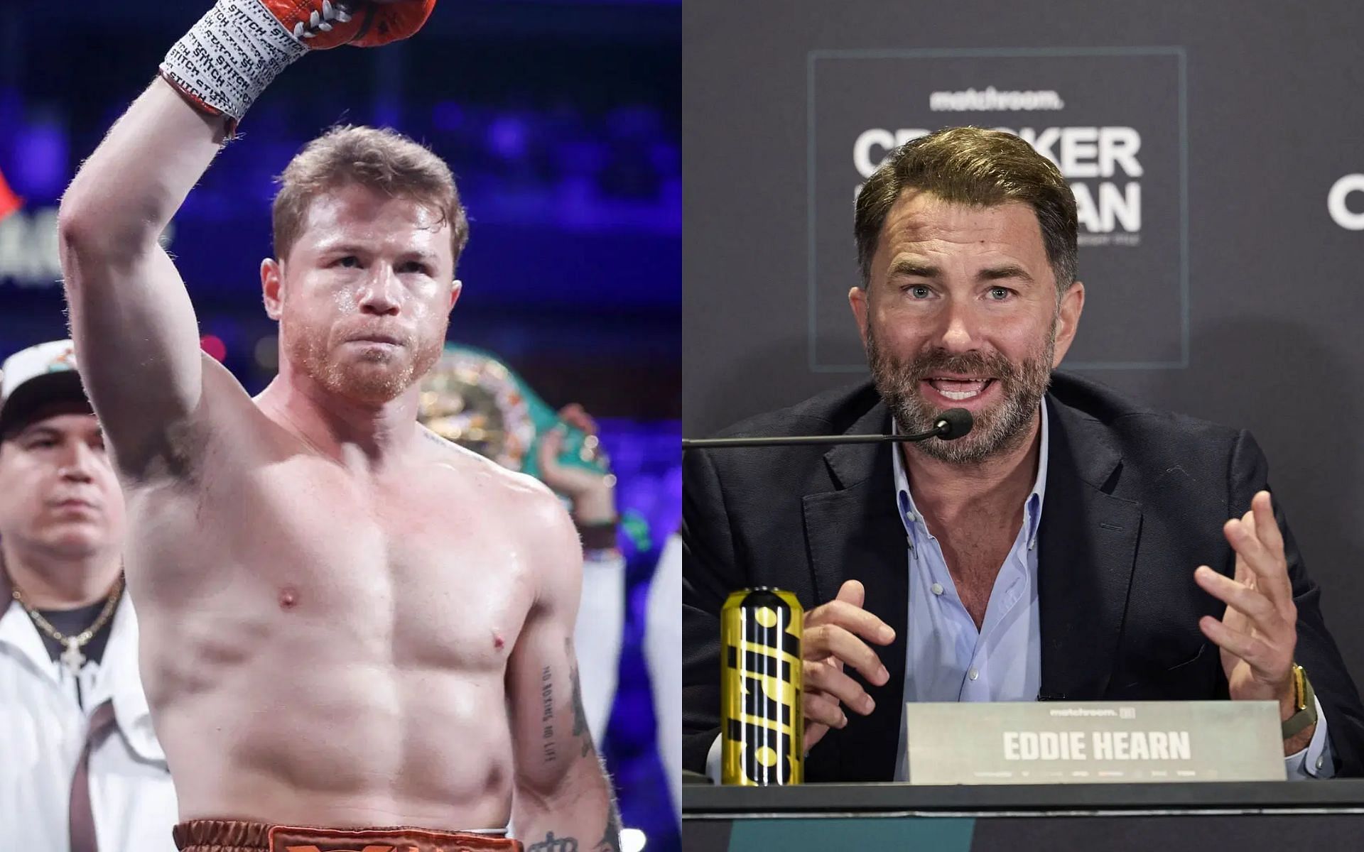 Eddie Hearn (right) reacts as Canelo Alvarez