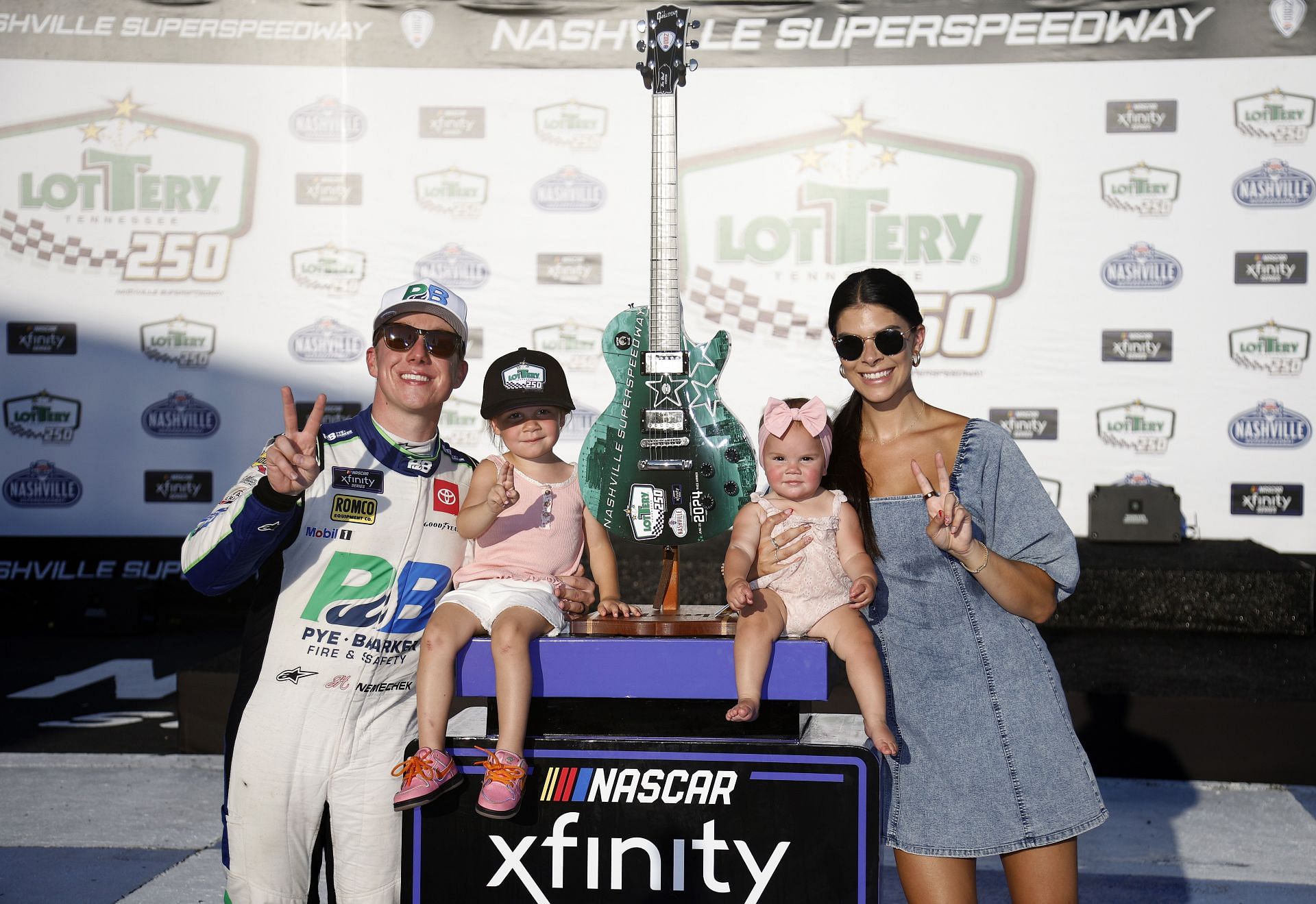 ohn Hunter Nemechek celebrates with his wife Taylor Nemechek and daughters in victory lane after winning the NASCAR Xfinity Series Tennessee Lottery 250 - Source: Getty