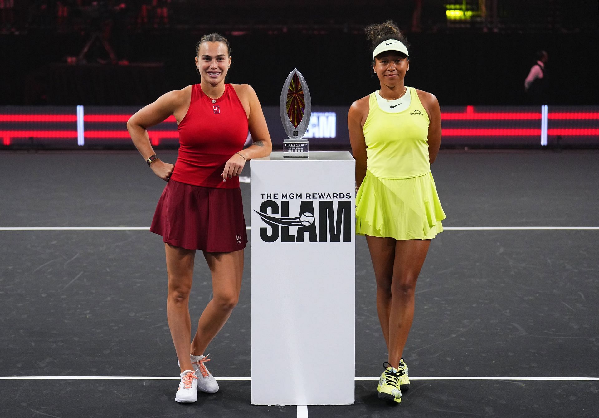 Aryna Sabalenka and Naomi Osaka pose with The Lions Cup after their match at the MGM Rewards Slam. Source: Getty