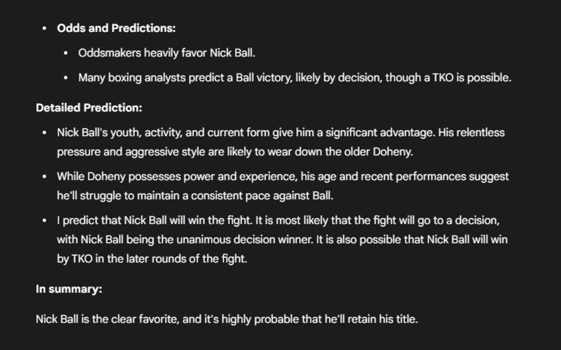 Screenshot of Google&#039;s AI prediction for the Nick Ball vs. TJ Doheny boxing match