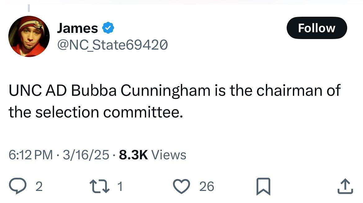 An X user points out the role Bubba Cunningham could have played in UNC making March Madness.