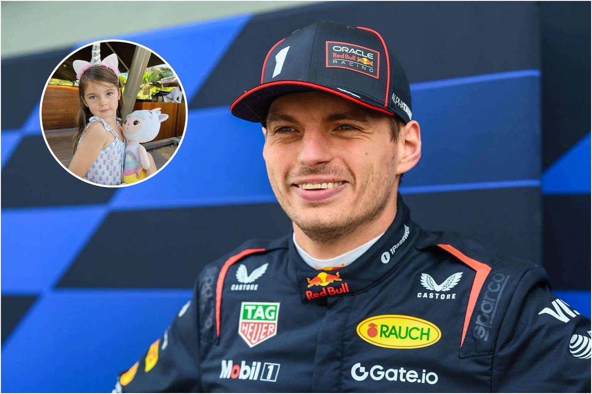 Penelope Kvyat adorably interrupts Max Verstappen during his stream (Images from @kellypiquet on Instagram and Getty Images)