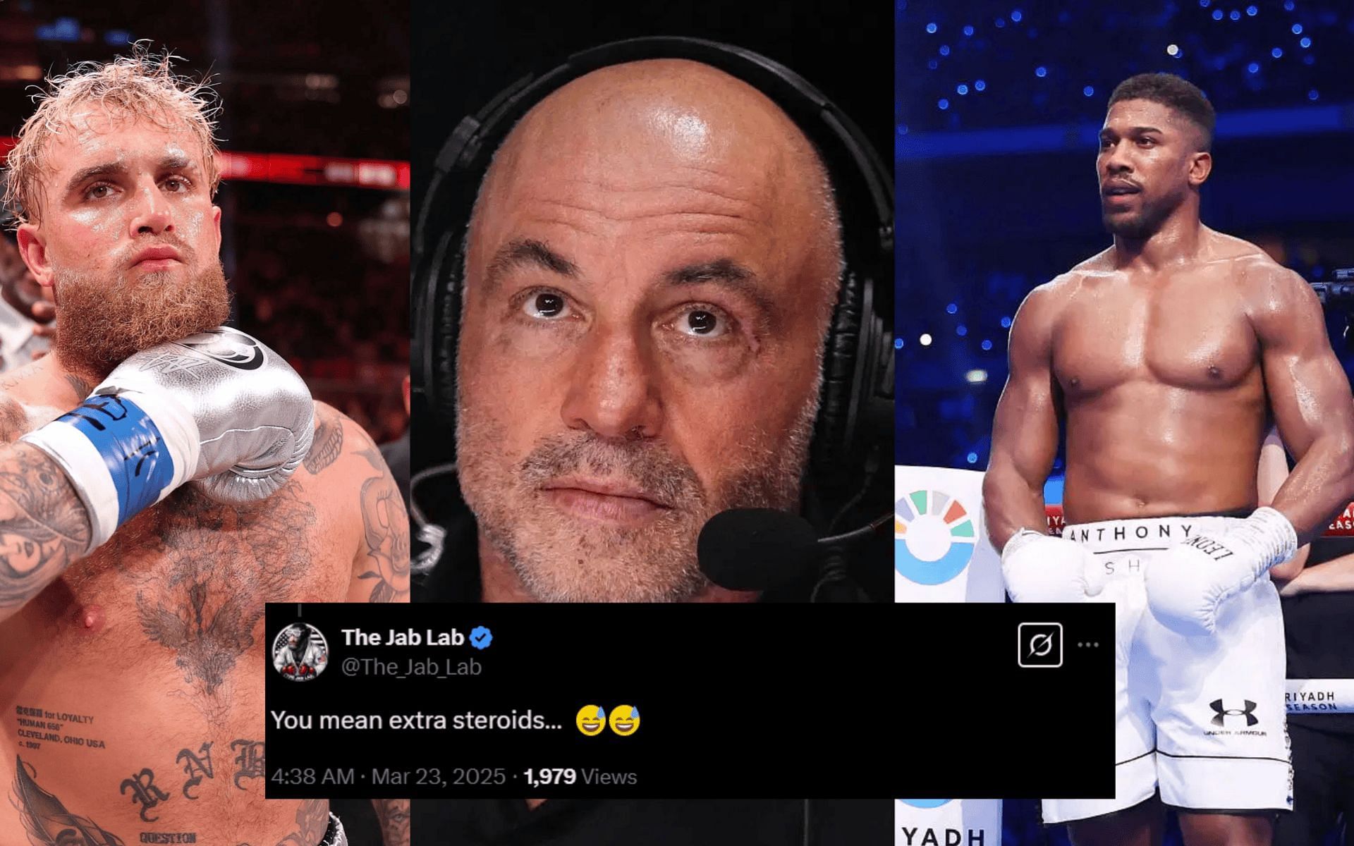 Joe Rogan (middle) reacts to Jake Paul (left) teasing a potential fight against Anthony Joshua (right). [Image Courtesy: Getty]