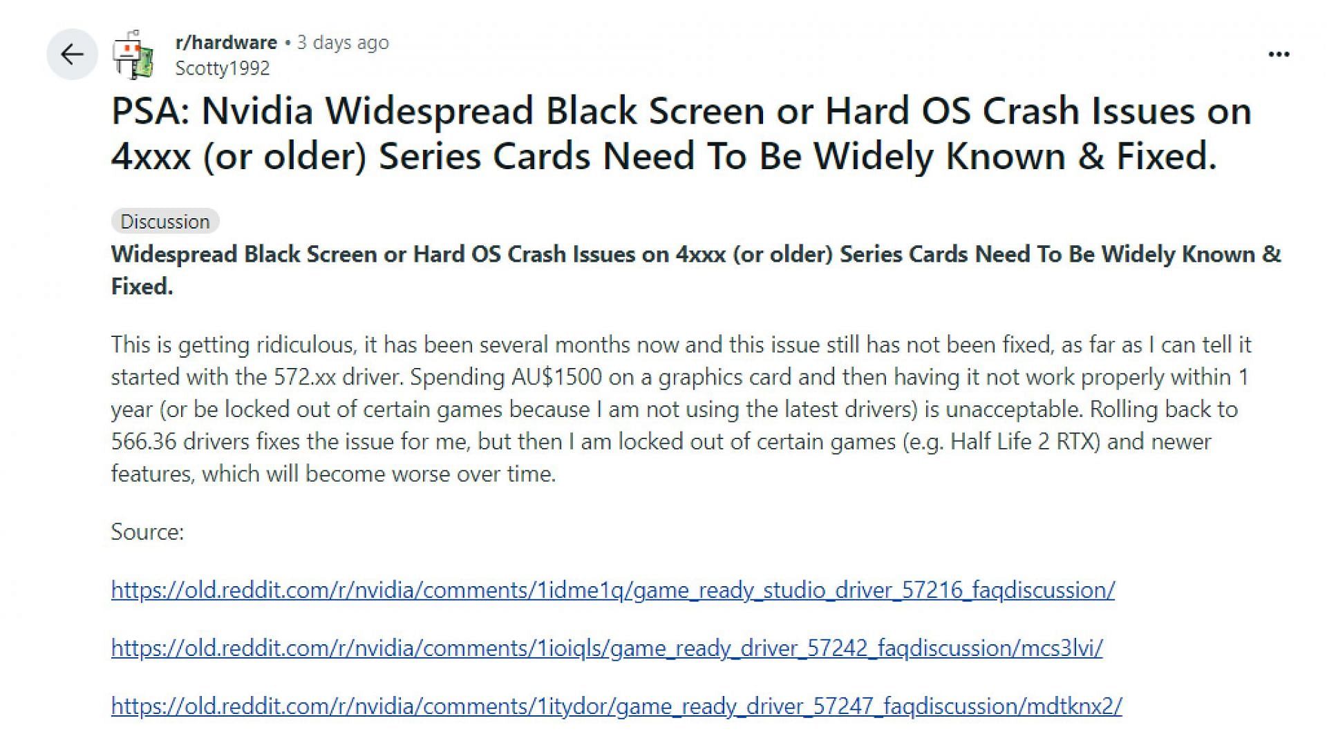 User reporting issues with the latest Nvidia drivers (Image via Scotty1992 on Reddit)