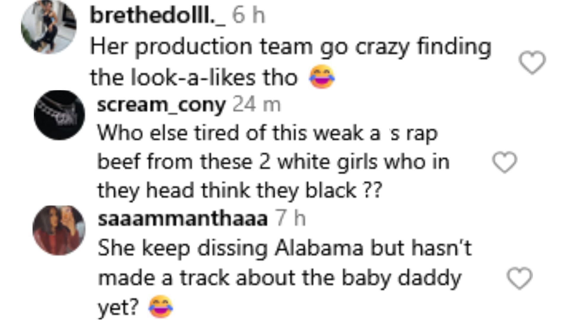 Netizens reacted as Bhabie dropped another Bama diss track (Image via Instagram / @its.annikaxo / @stasiastar_ / @cardobruhhh)