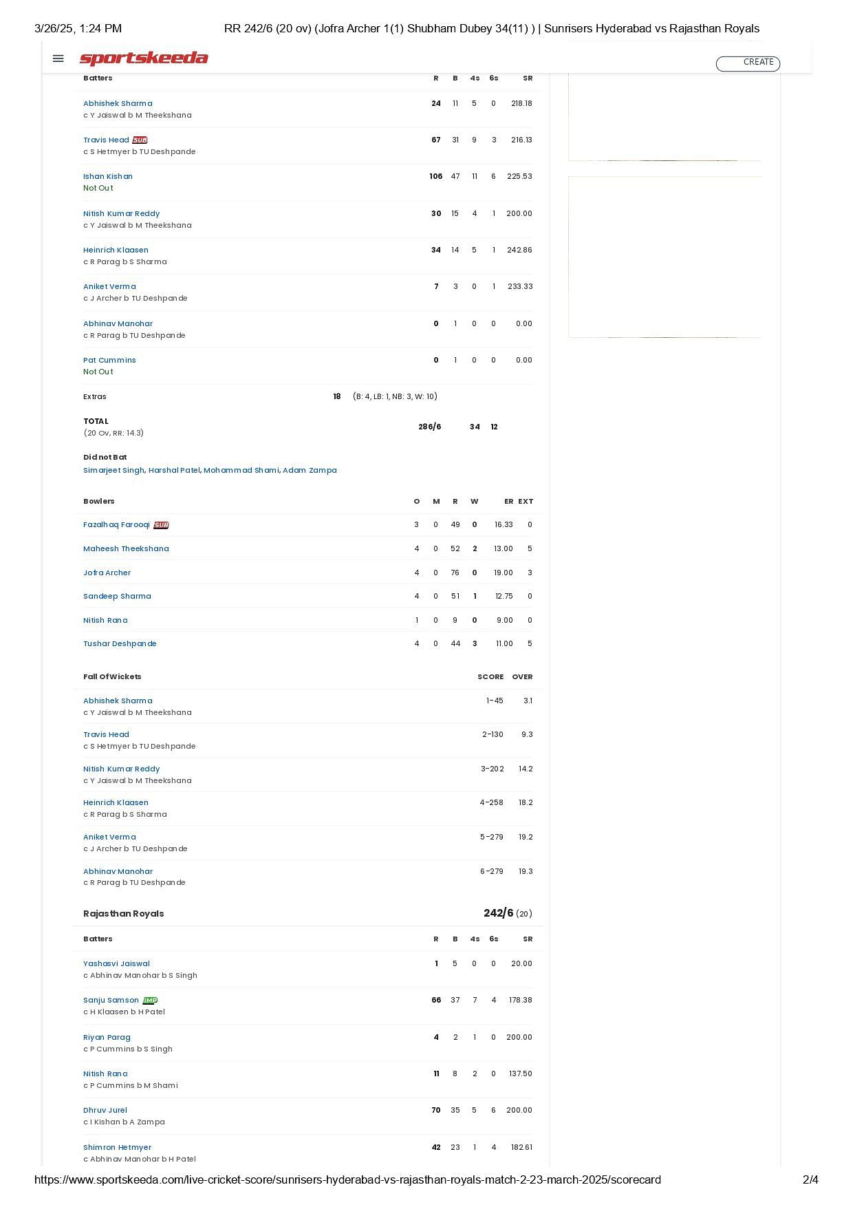 SRH vs RR IPL 2025 scorecard