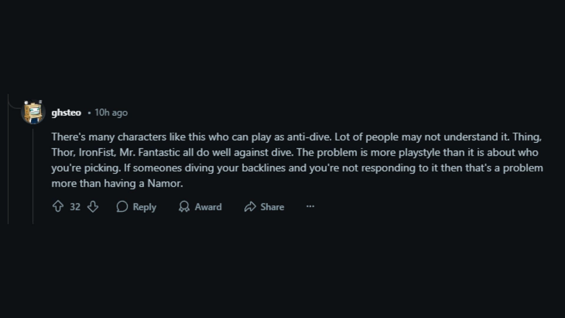 Reddit user stating that many characters can be played as anti-dive. (Image via Reddit)