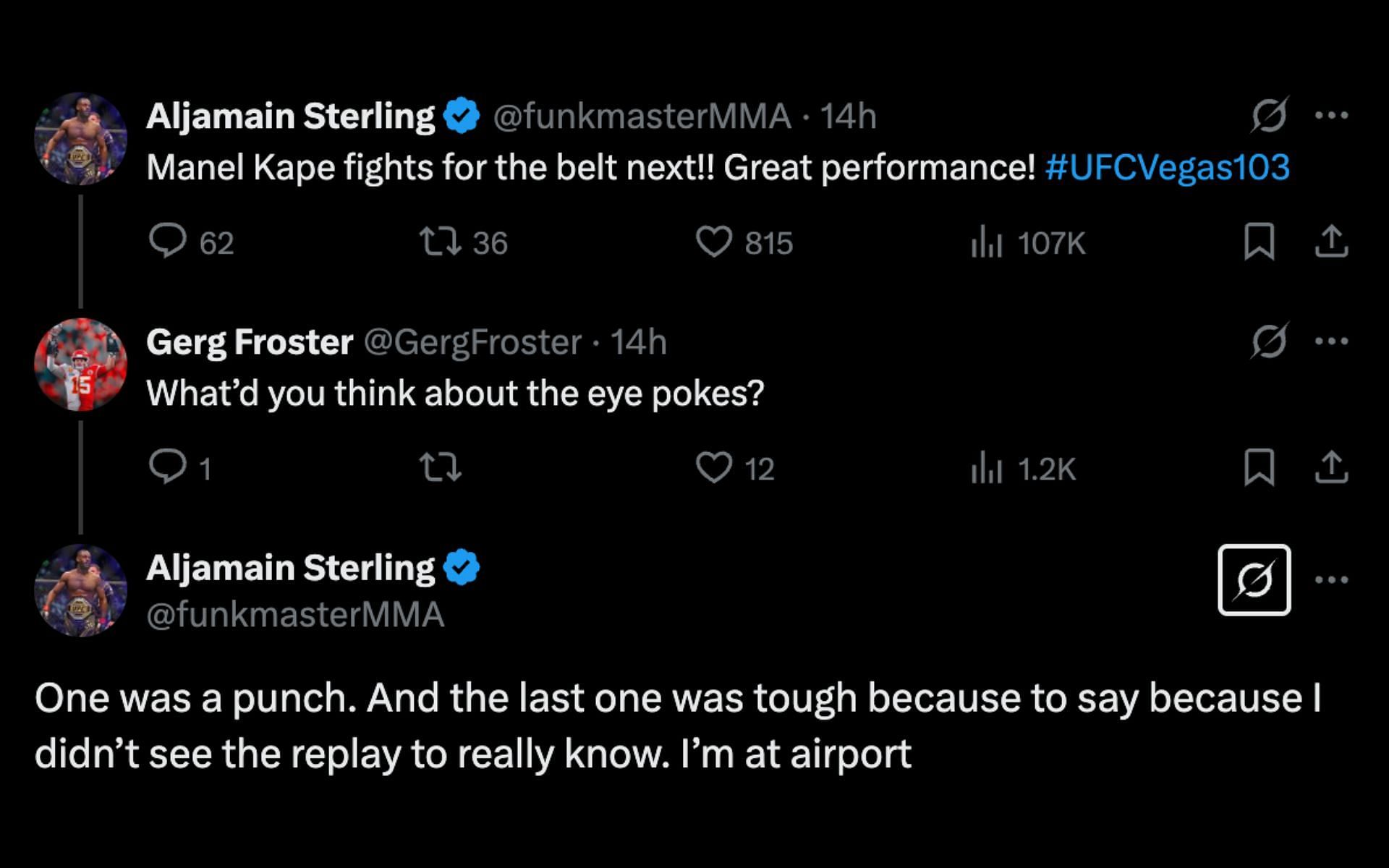 Screenshot of Aljamain Sterling&#039;s response [Image courtesy: @funkmasterMMA on X]