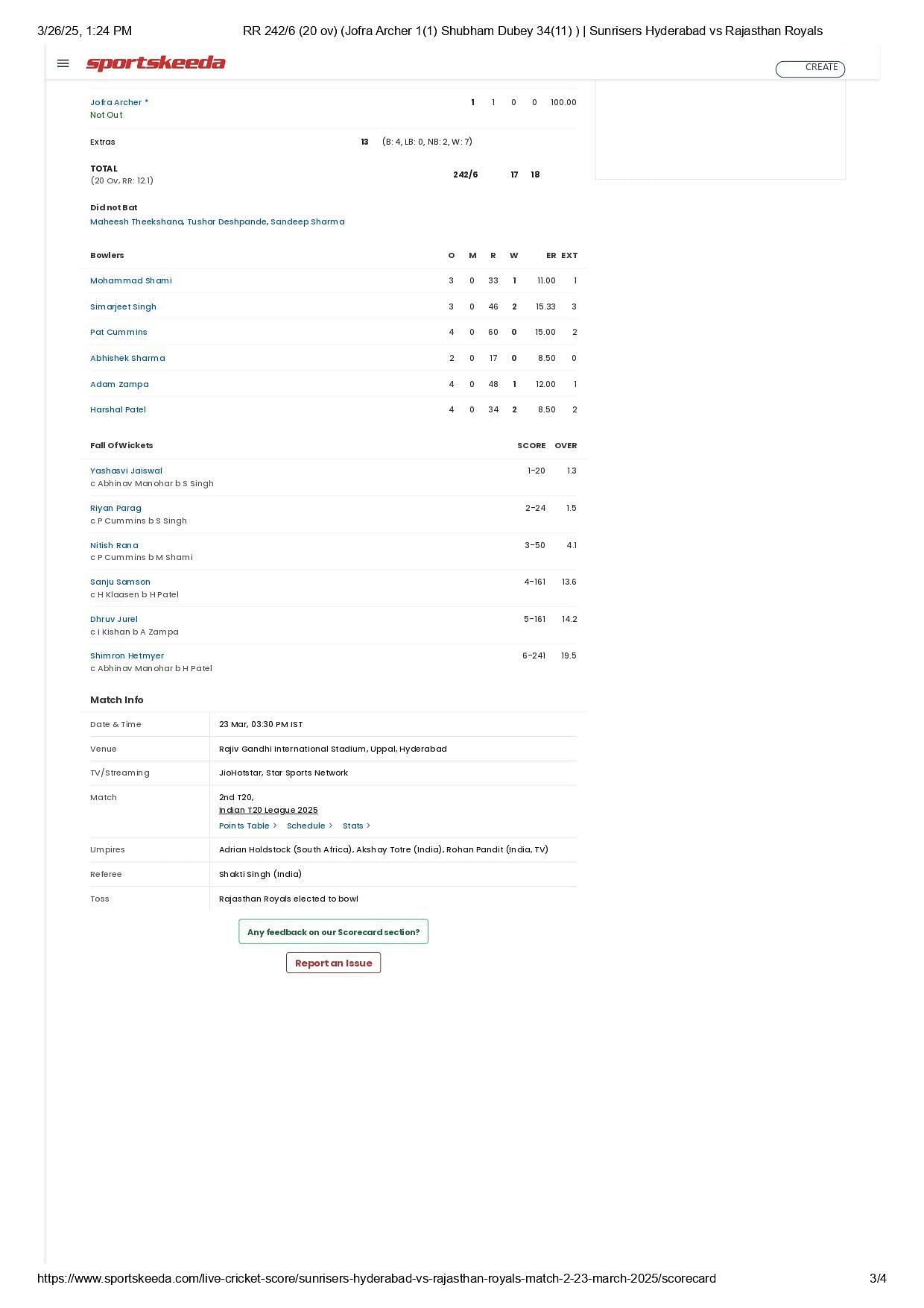SRH vs RR 2025 scorecard.