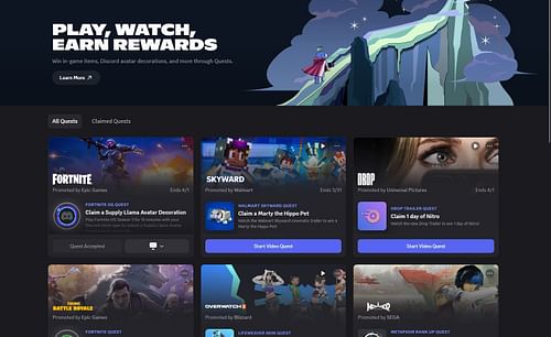 The Discord Quests page (Image via Discord)