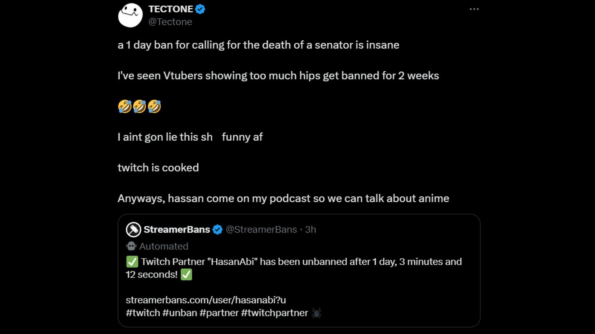 Tectone gave his opinion on HasanAbi&#039;s recent unbanning from Twitch through a post on X (Image via @Tectone/X)