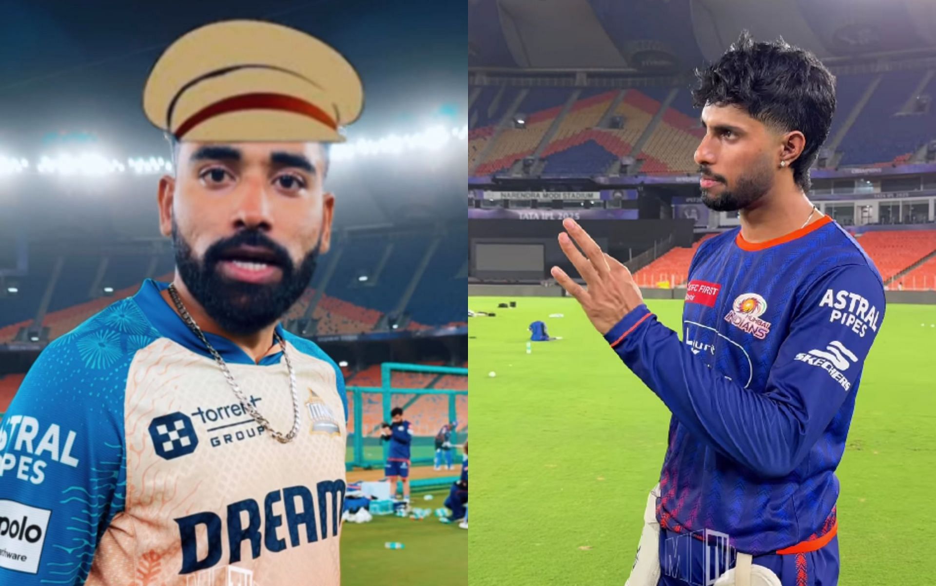 Mohammed Siraj and Tilak Varma during a practice session ahead of GT vs MI IPL 2025 match. (Images: MI/Instagram)