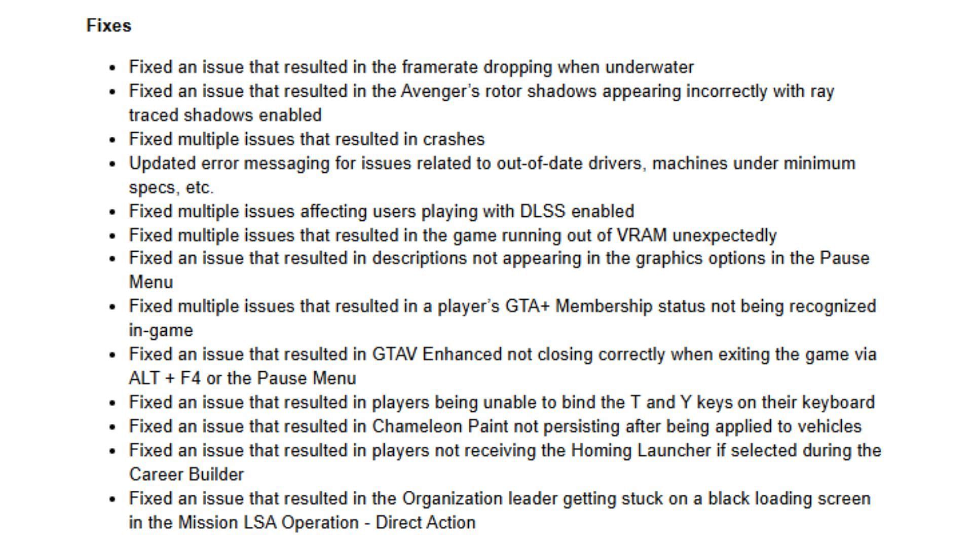 A screenshot of the official GTA 5 Enhanced update&rsquo;s patch notes (Image via Rockstar Games Support)