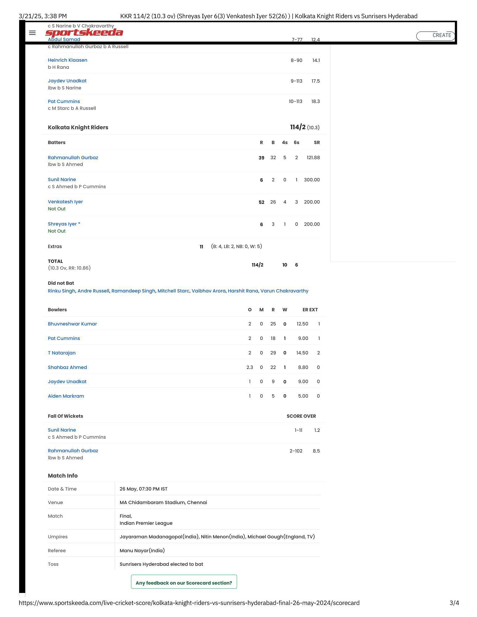 KKR vs SRH IPL 2024 final scorecard. [Credits: Sportskeeda]