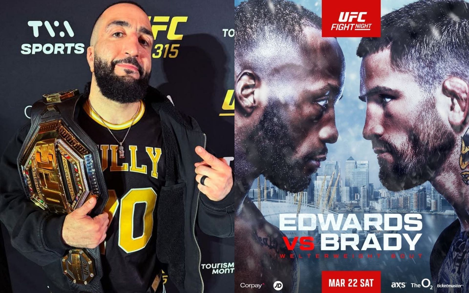 Belal Muhammad (left) rips into Leon Edwards (right photo, left) and predicts the outcome of his fight with Sean Brady (right photo, right). [Image credit: @bullyb170, @ufc on Instagram]