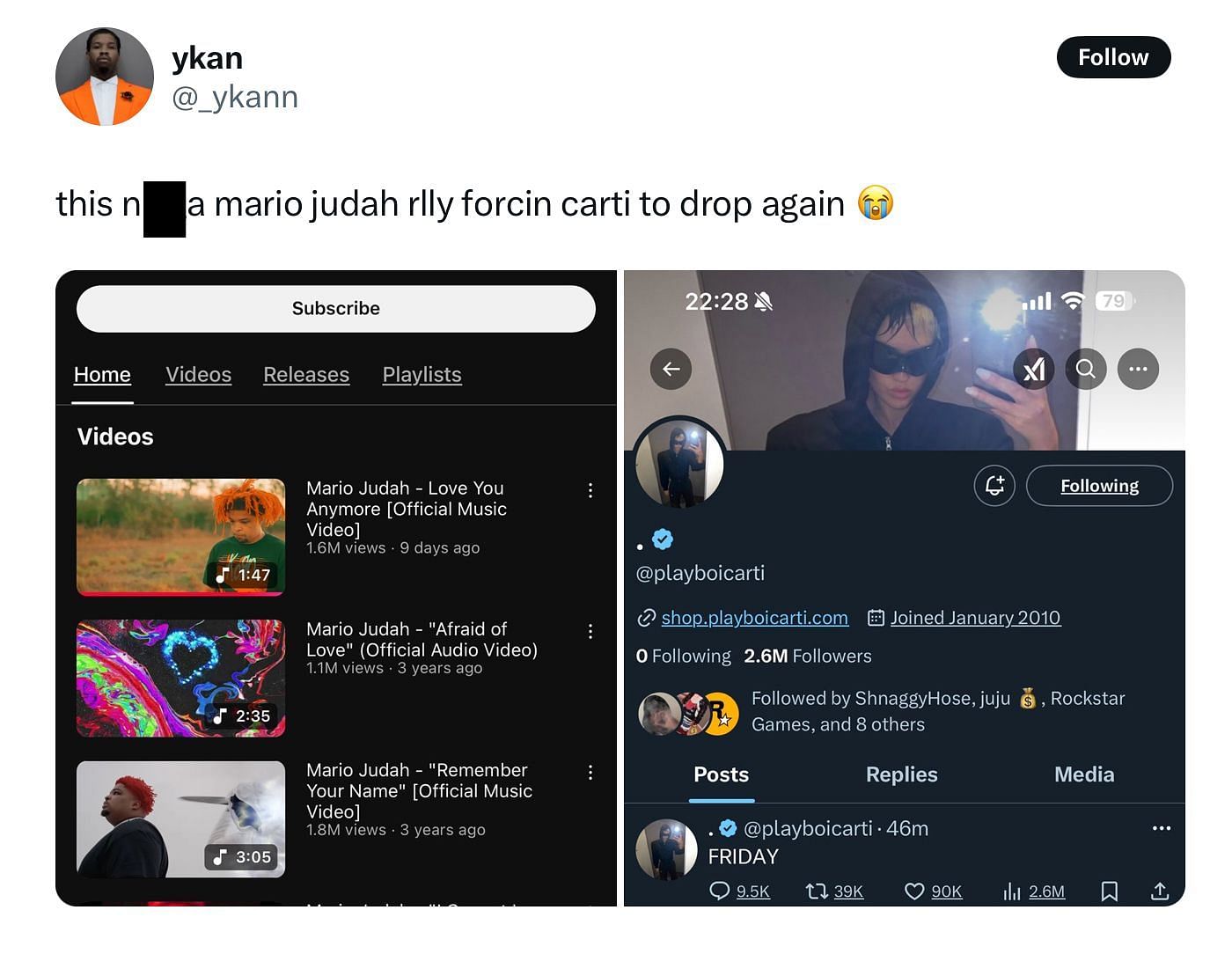 A tweet speculating about Mario Judah and Carti&#039;s supposed release connection (Image via X/@_ykann)