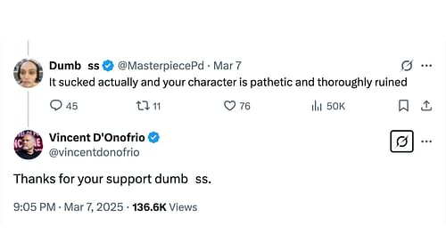 D'Onofrio reacts to the criticism on X (Image via X/@vincentdonofrio)