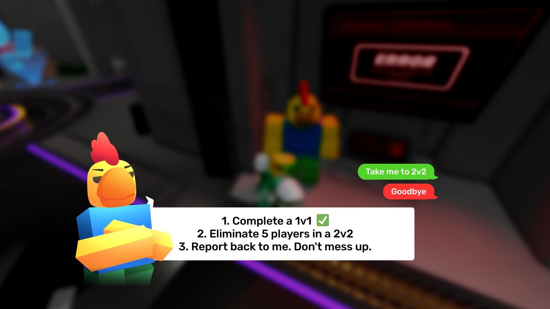 Complete both tasks and then talk to the NPC again (Image via Roblox)