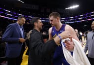 Novak Djokovic meets Nikola Jokic at the Denver Nuggets v Los Angeles Lakers in 2024 - Source: Getty