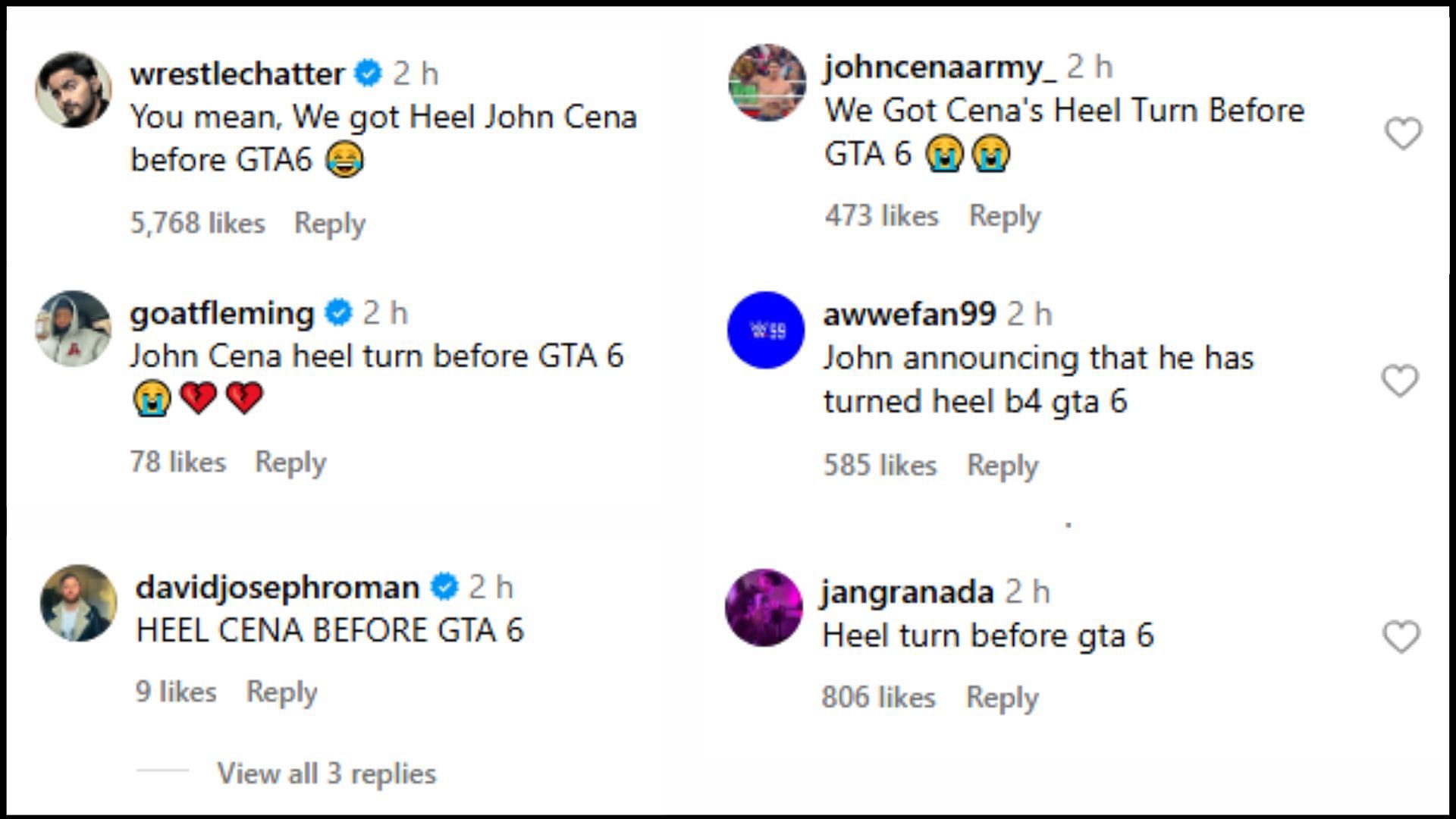 Fans react to John Cena&#039;s post about Grand Theft Auto 6 1/2 (Images via Instagram)