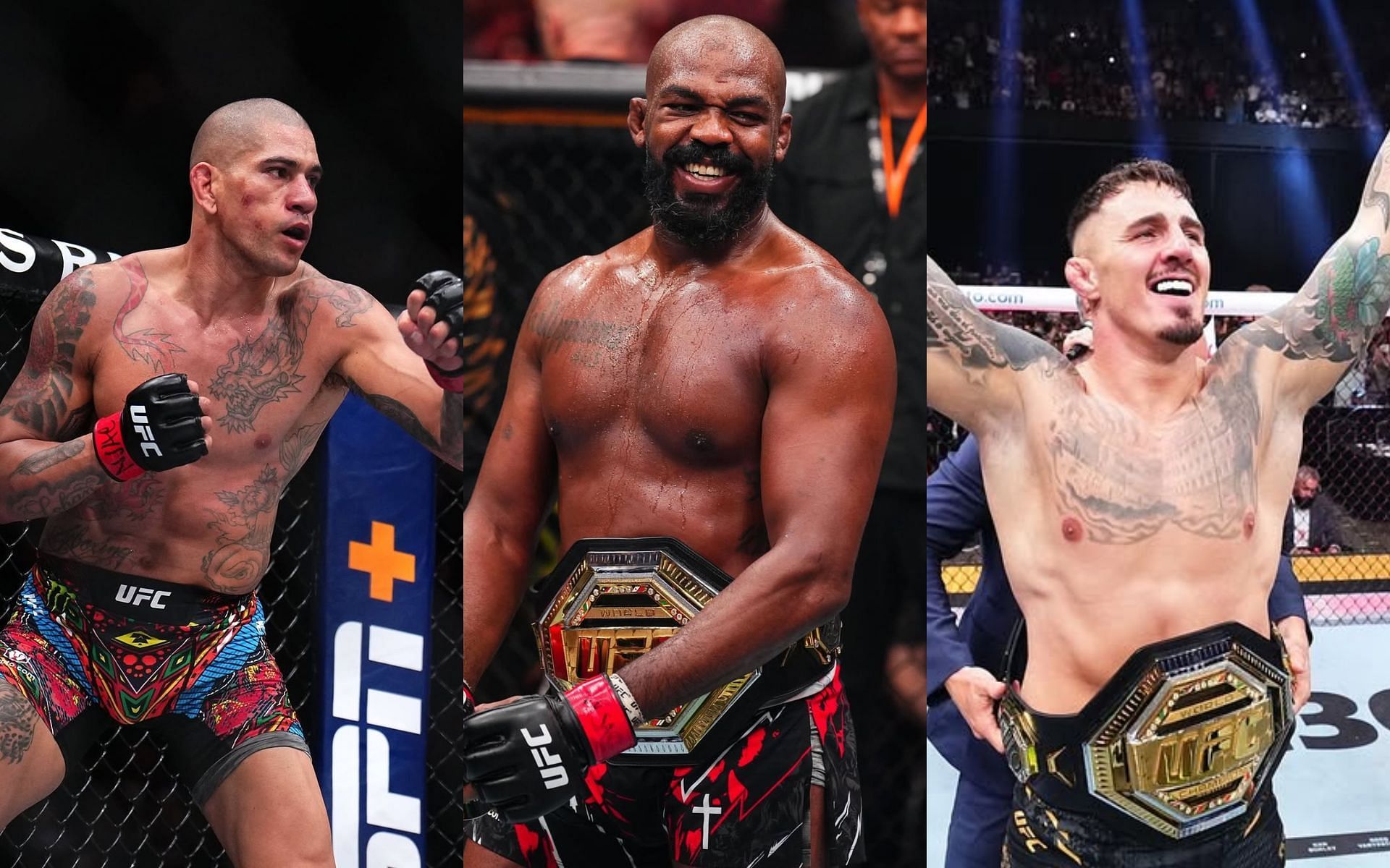 Tom Aspinall (right) claims Jon Jones (middle) vs. Alex Pereira (left) is off the table as UFC plans take shape. [Images courtesy: @ufc_brasil, @ufc and @tomaspinallofficial on Instagram]