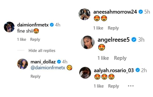 Morrow, Aalyah Del Rosario, Daimion Collins and Reese comment on Bartlett's post | via @mani_dollaz/ig
