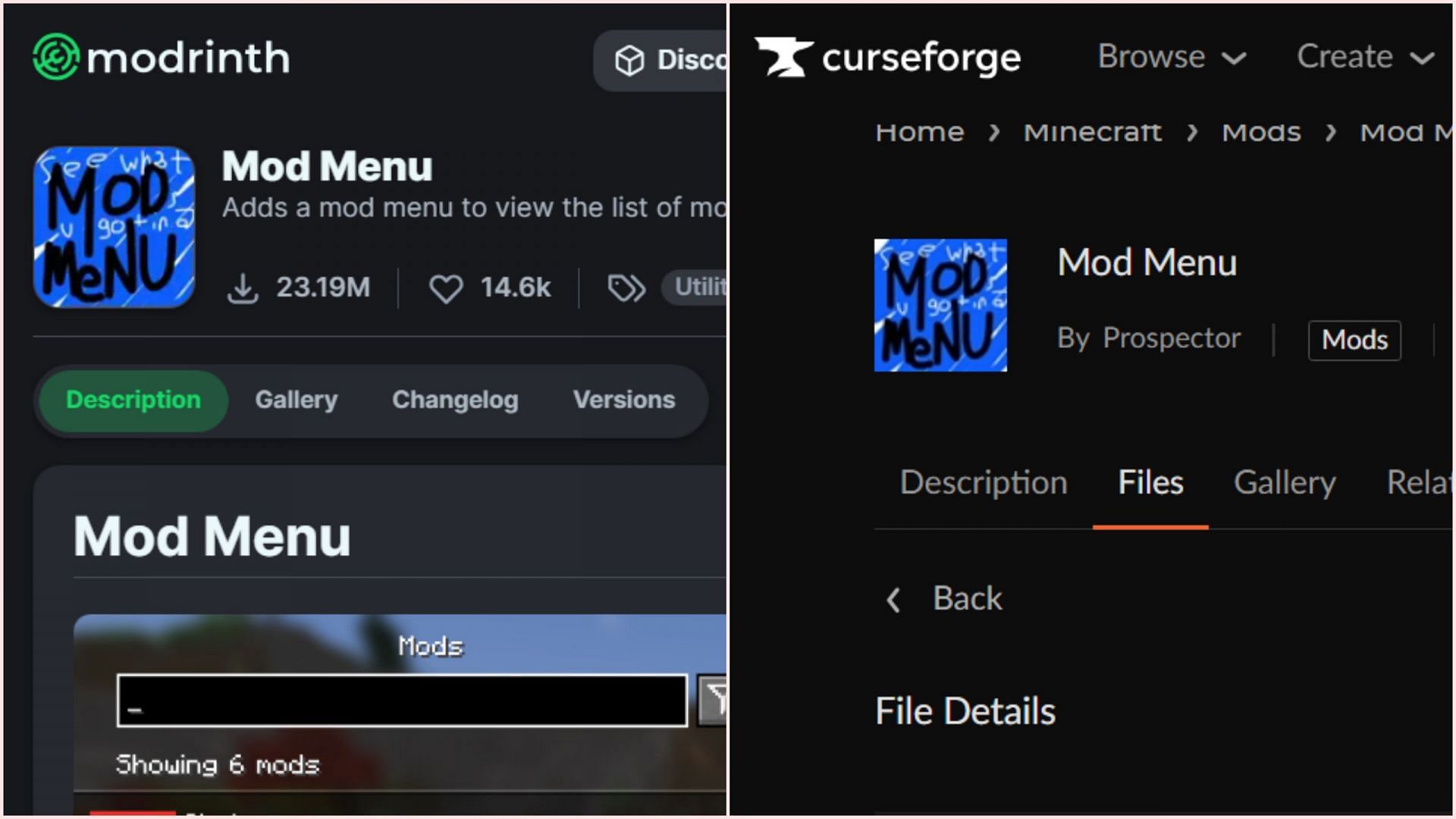 Mod Menu can be downloaded from any of the two websites (Image via CurseForge || Modrinth)