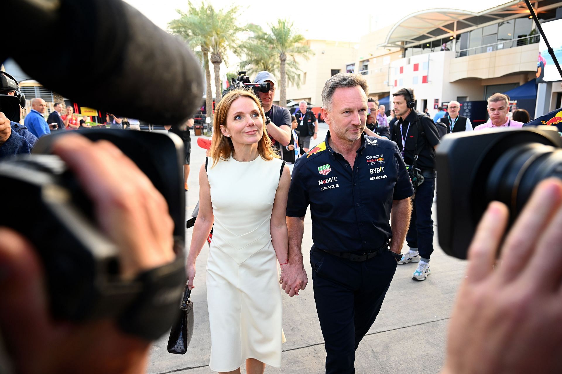 Christian Horner walks to the paddock with wife Geri Halliwell on 2nd March, 2024 (Getty Images)