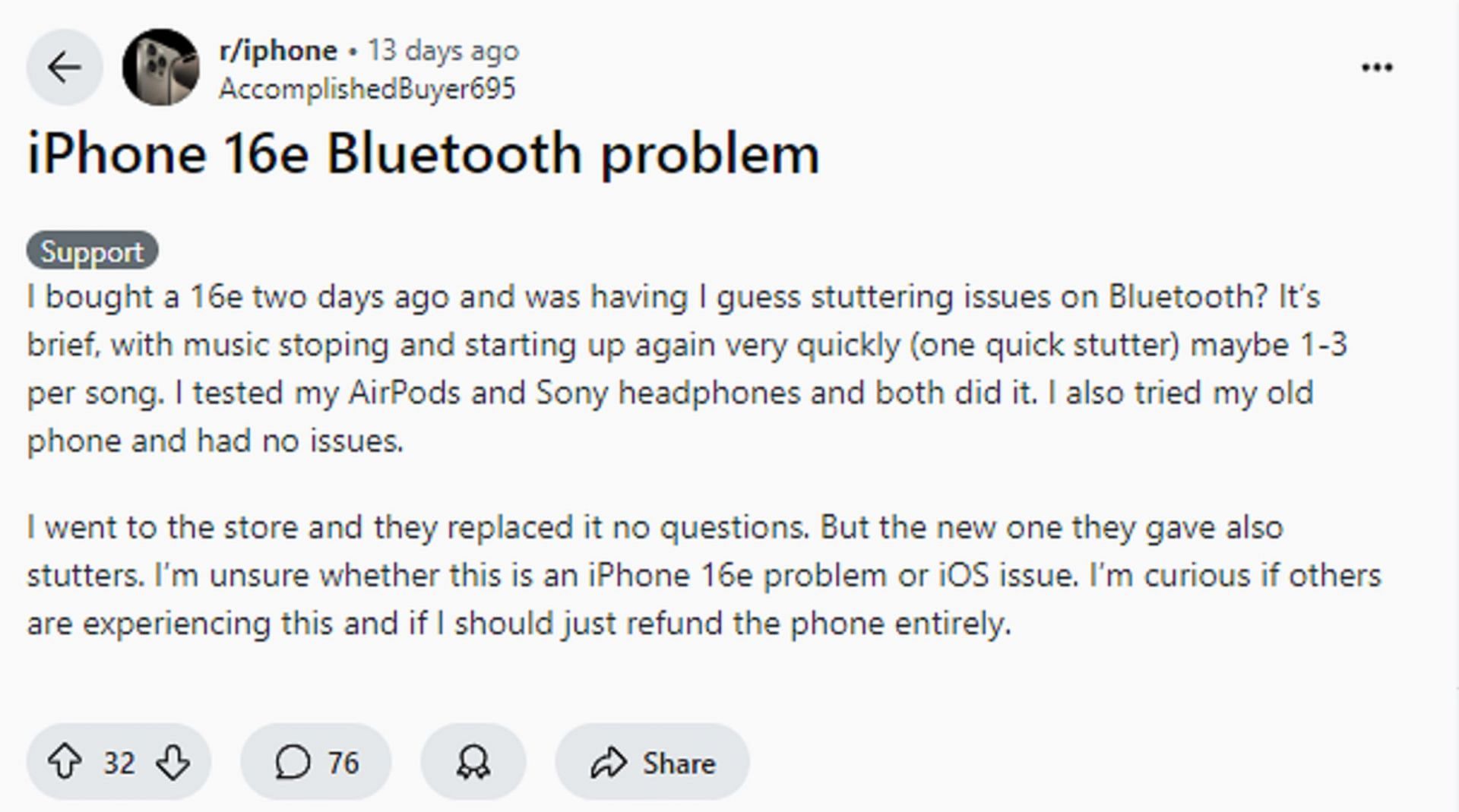 Reddit user complains about Bluetooth issues in iPhone 16e (Image via AccomplishedBuyer695 on Reddit)