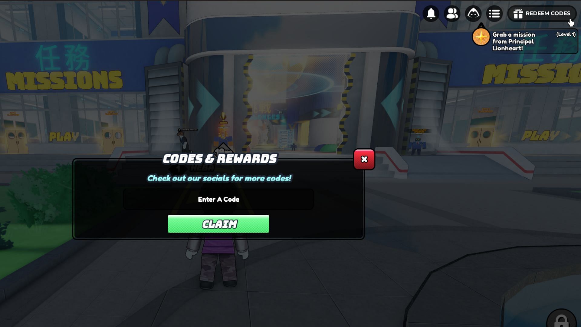 Redeem codes in Superhero Academy (Image via Roblox)