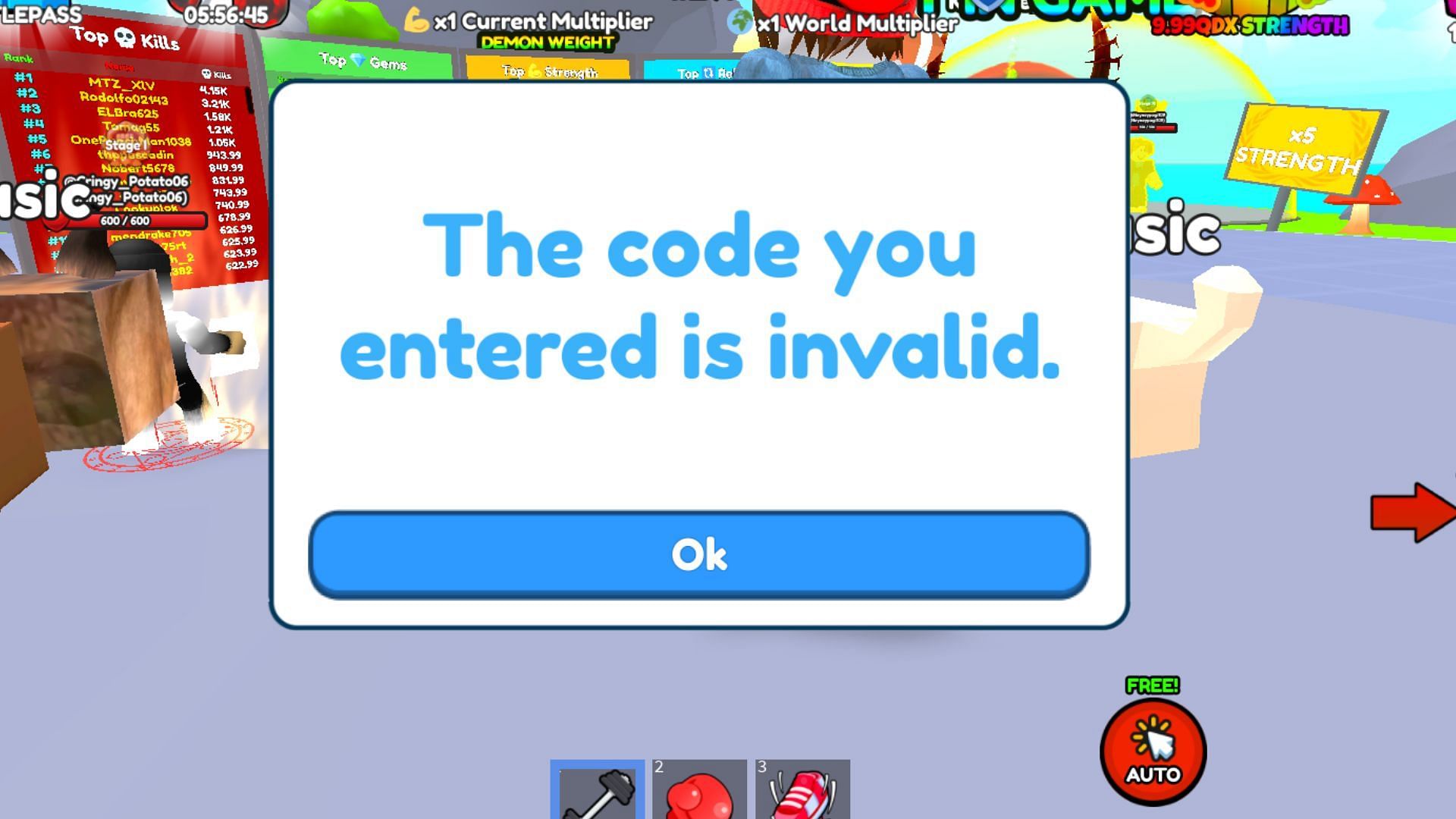 Invalid code issue in Strongest Lifter Simulator (Image via Roblox)