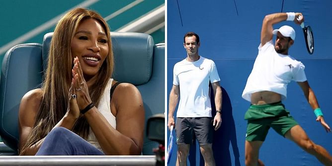 WATCH: Serena Williams all smiles as she catches up with Novak Djokovic and Andy Murray after witnessing Serb's Miami Open 4R win