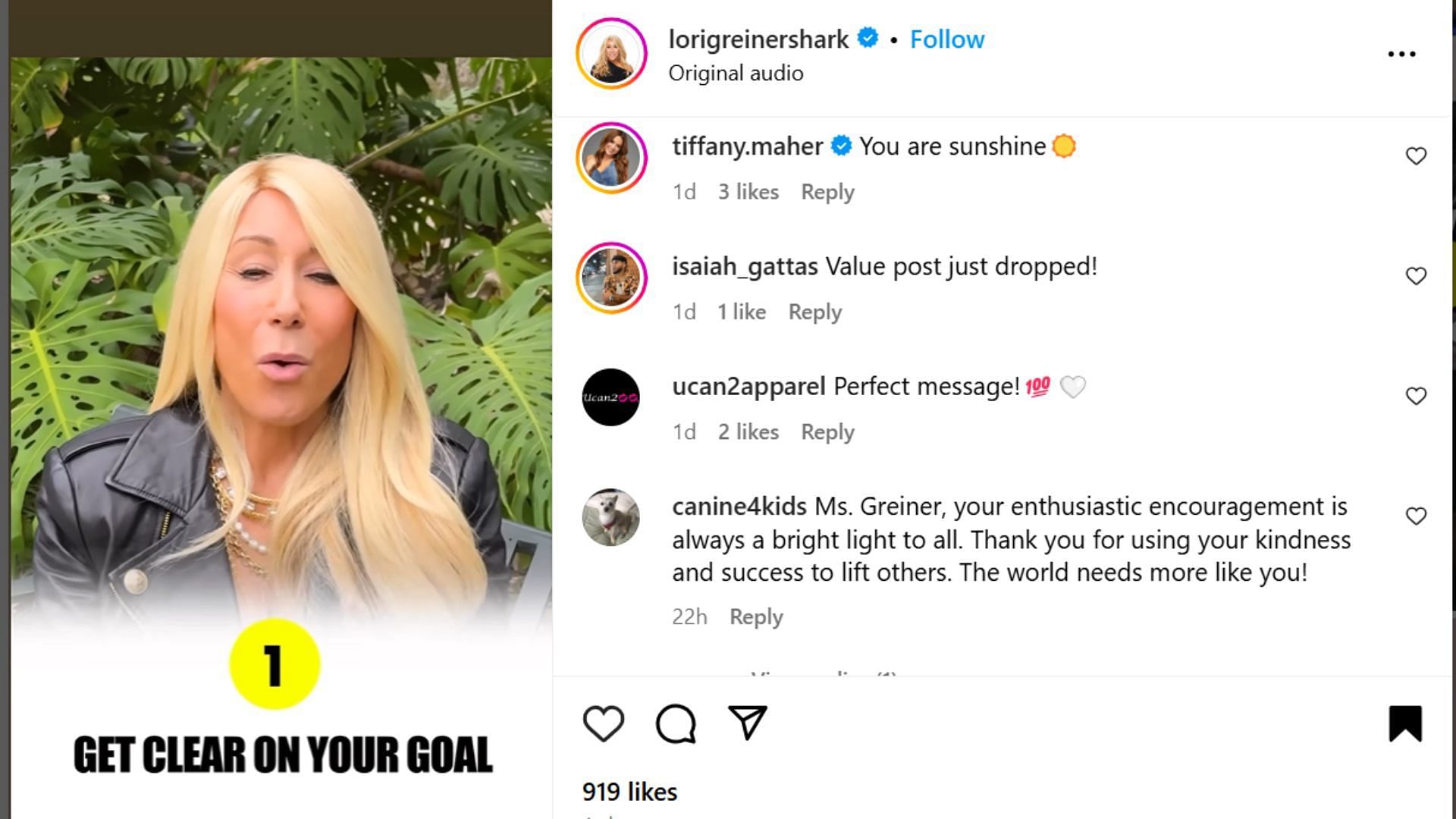 Comments on Lori&#039;s reel (Image via Instagram/ @lorigreiner)