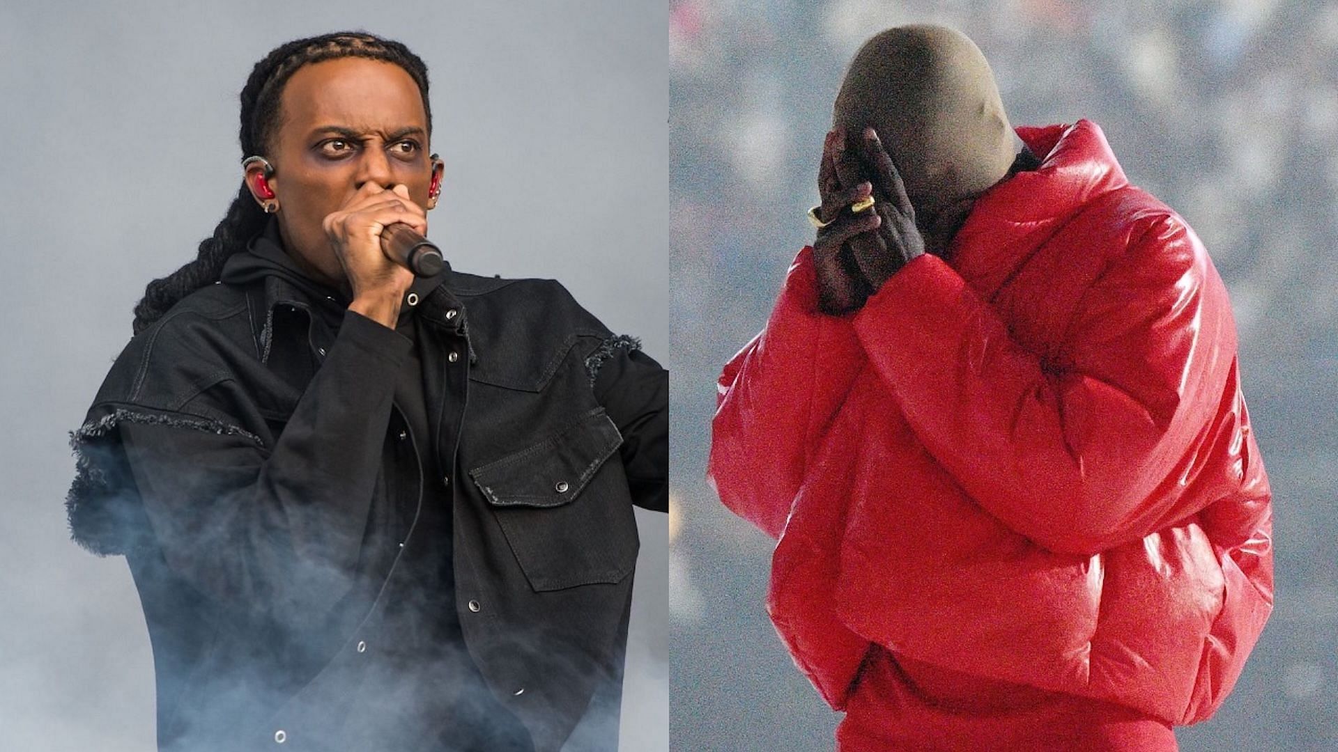 Playboi Carti performs on the main stage during Day 2 of Wireless Festival 2022 at Crystal Palace Park on July 02, 2022, in London, England. (Image via Getty/Joseph Okpako) and Kanye West at &lsquo;DONDA