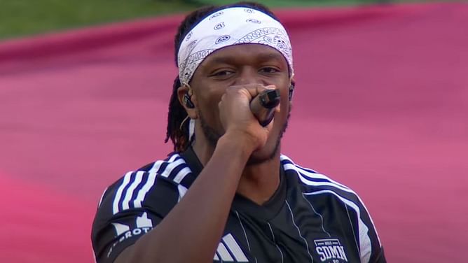 KSI comes out to perform Thick of It at the Sidemen Charity Match Halftime show