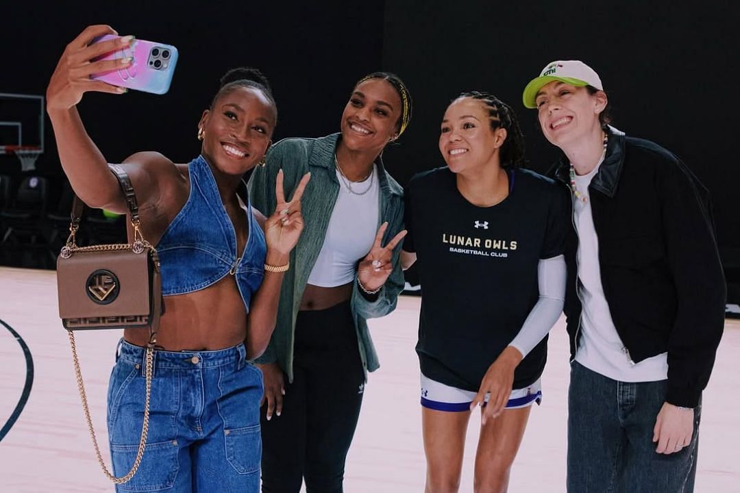 Coco Gauff with Aaliyah Edwards, Napheesa Collier, and Breanna Stewart during an Unrivaled game via Instagram