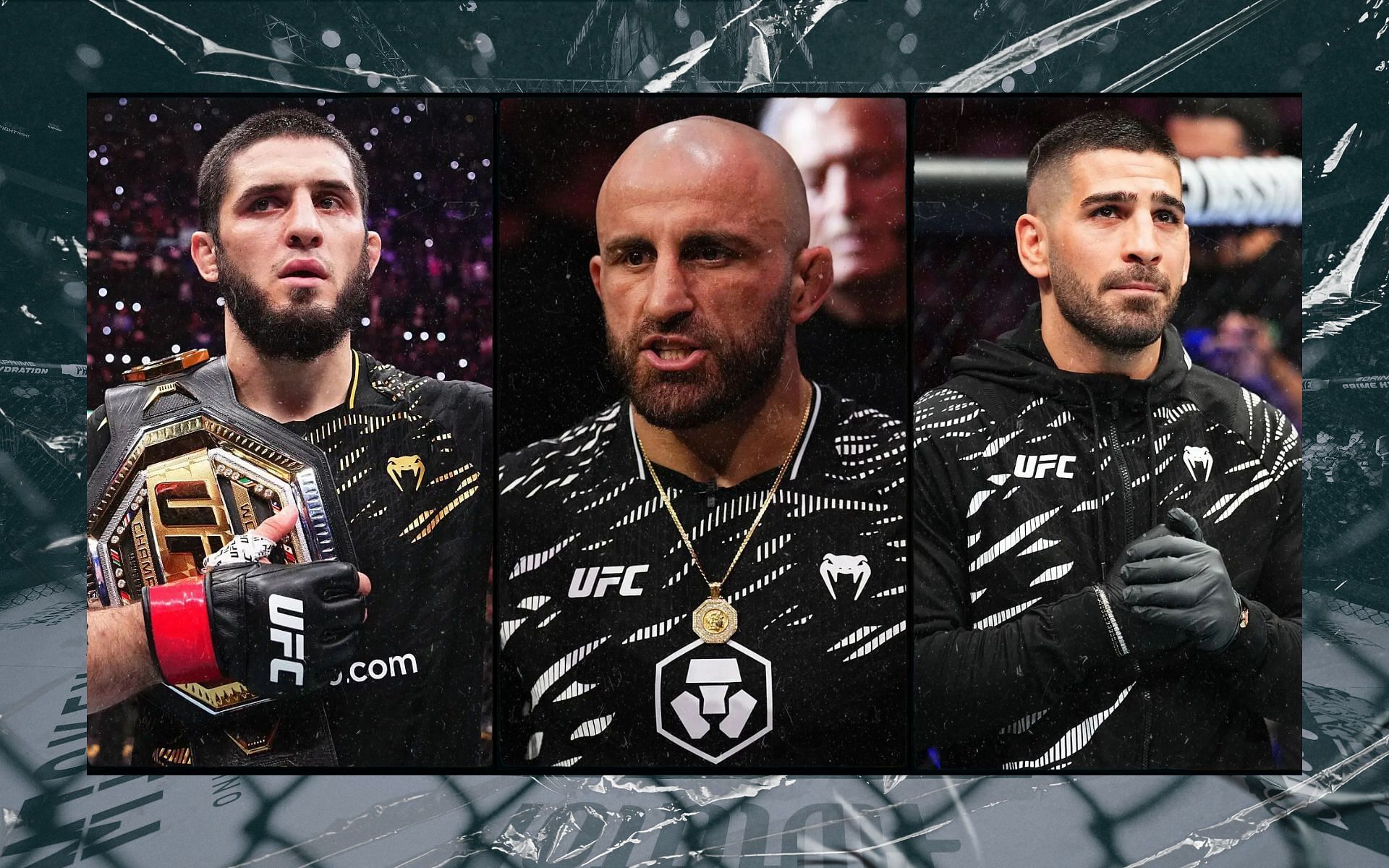 Alexander Volkanovski (center) weighs in on potential Islam Makhachev (left) vs. Ilia Topuria (right) bout. [Image(s) courtesy: Getty Images]