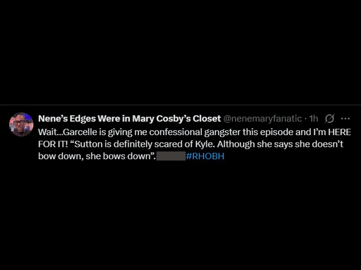 A fan of The Real Housewives of Beverly Hills reacts to Garcelle&#039;s comment about Sutton (Image via X/@nenemaryfanatic)