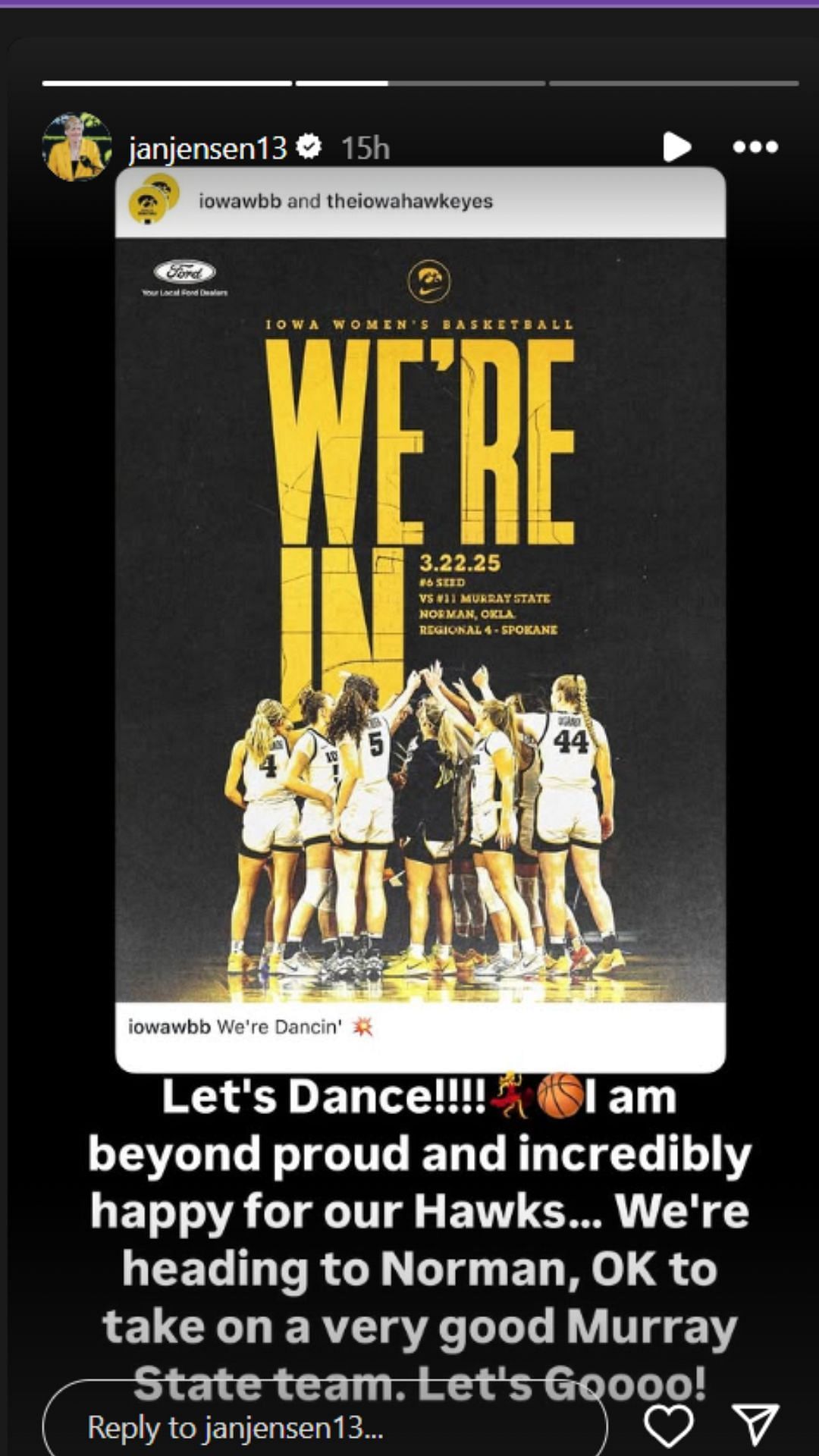 Jan Jensen reacts to Iowa&#039;s NCAA tourney seeding on IG story. Image via @janjensen13