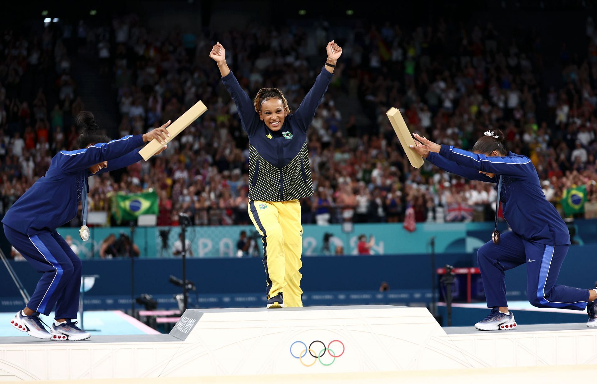 Jordan Chiles and Simone Biles bow to Rebeca Andrade at the Olympic Games Paris 2024:Source: Getty