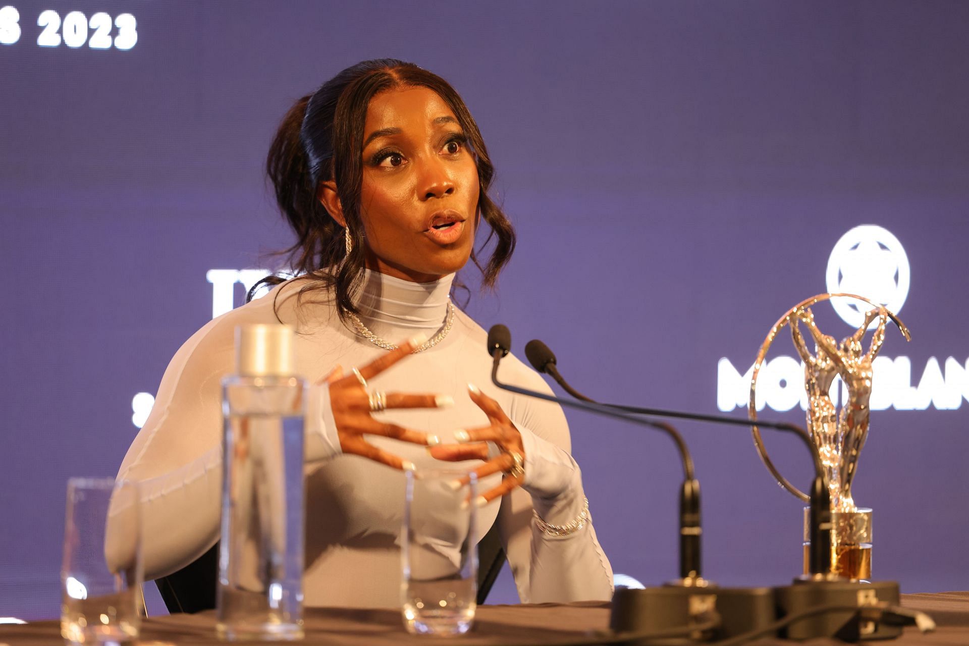 Shelly-Ann Fraser-Pryce speaks after winning the Laureus World Sportswoman of the Year 2023 in Paris, France. (Photo by Getty Images)