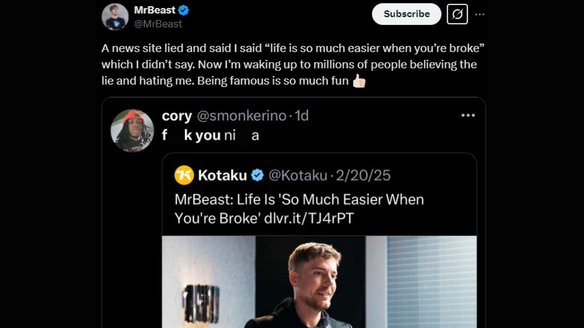 MrBeast addresses the clickbait article, reclarifying his comments on The Diary Of A CEO interview (Image via @MrBeast/X)